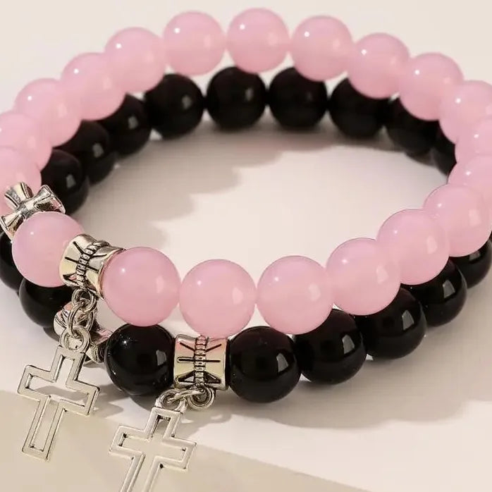 2Pcs Pink Crystal Beads Cross Bracelets Natural Stone Couple Jewelry Gift Set