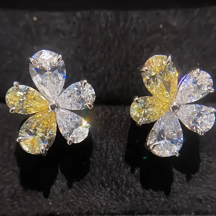 Flower Stud Earrings with Yellow & White Cubic Zirconia Brass Gift for Women