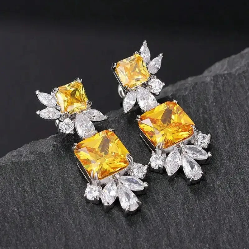 Copper Geometric Zircon Square Stud Earrings Shiny CZ Bride Bridesmaid Jewelry