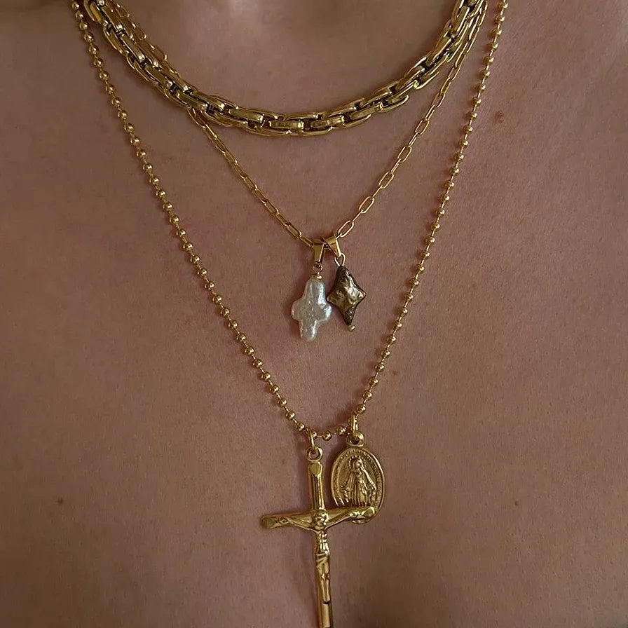 18k Gold Plated Stainless Steel Goth Jesus Cross Pendant Necklace Choker Jewelry