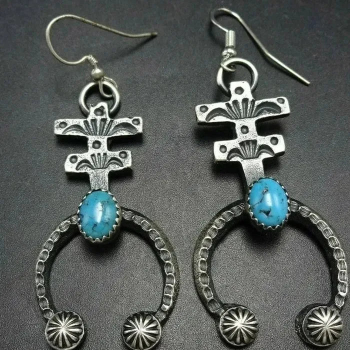 Vintage Indian Tribe Women's Ethnic Imitation Turquoise Long Metal Drop Earrings