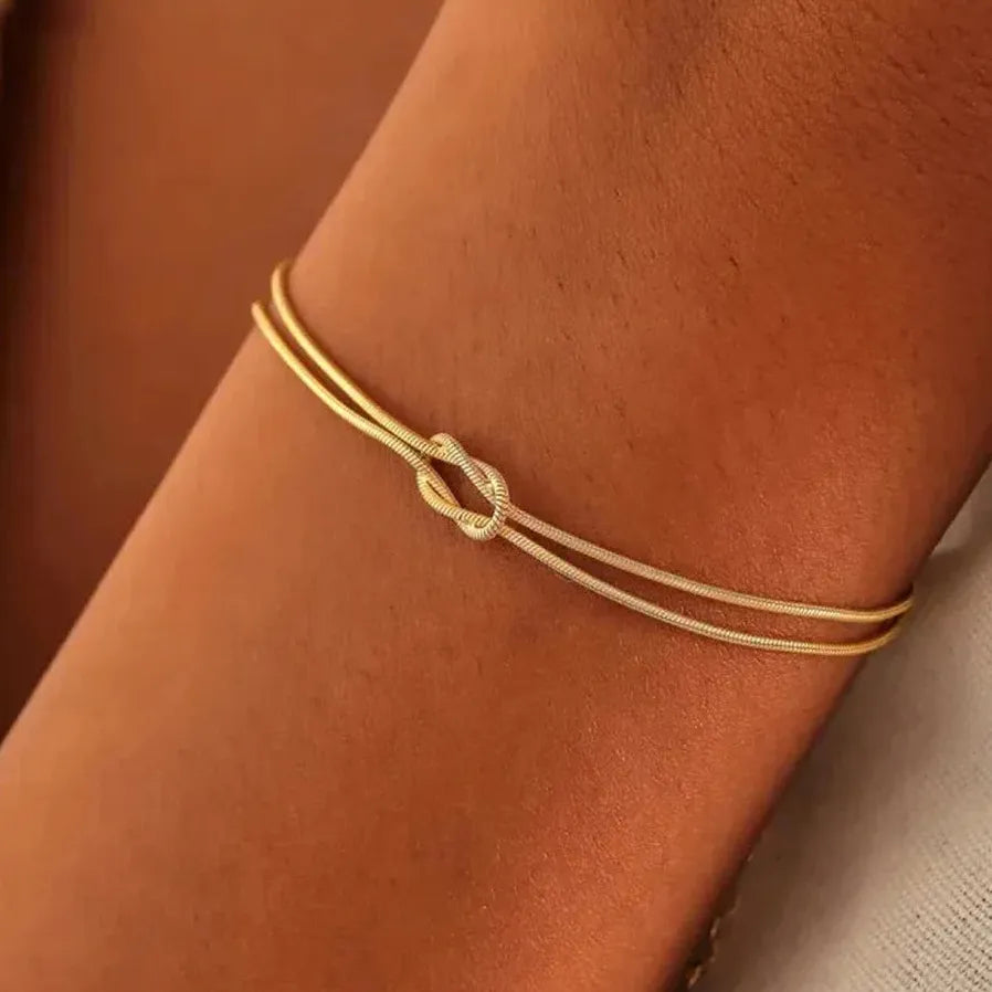Gold & Silver Thin Snake Chain Couple Bracelet Stainless Steel Knot Unisex Bangle