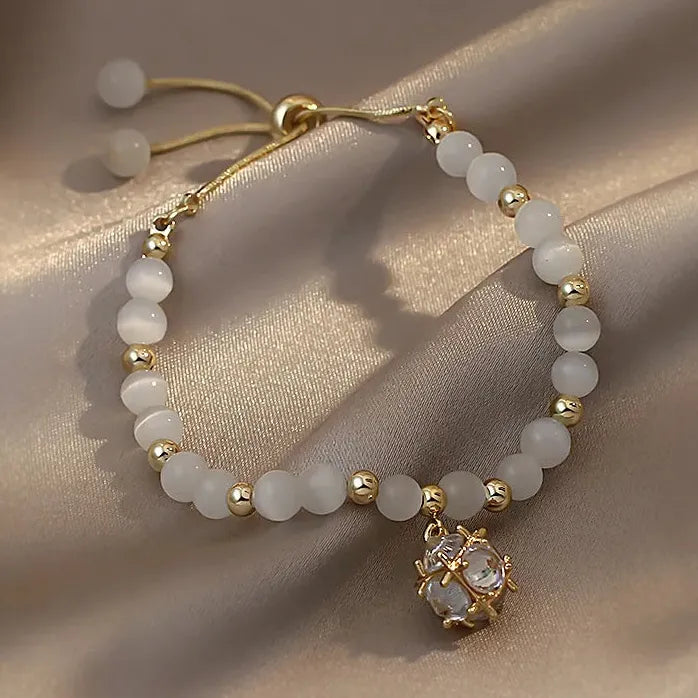 Korean White Opal Pearl Crystal Adjustable Cuff Bracelet Women Gift Jewelry