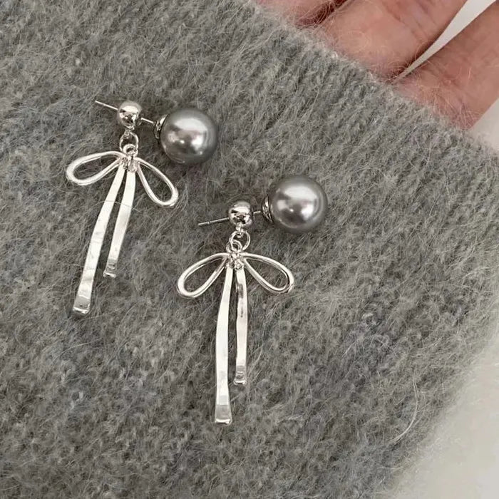 Moon Gray Pearl Stud Earrings Copper Moon Bowknot Jewelry Gift Women