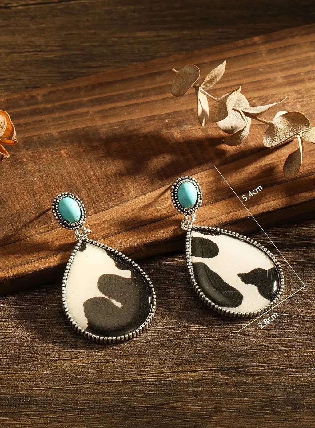 Vintage Oval Resin Cow Pattern Pendant Earrings Turquoise Women's Jewelry