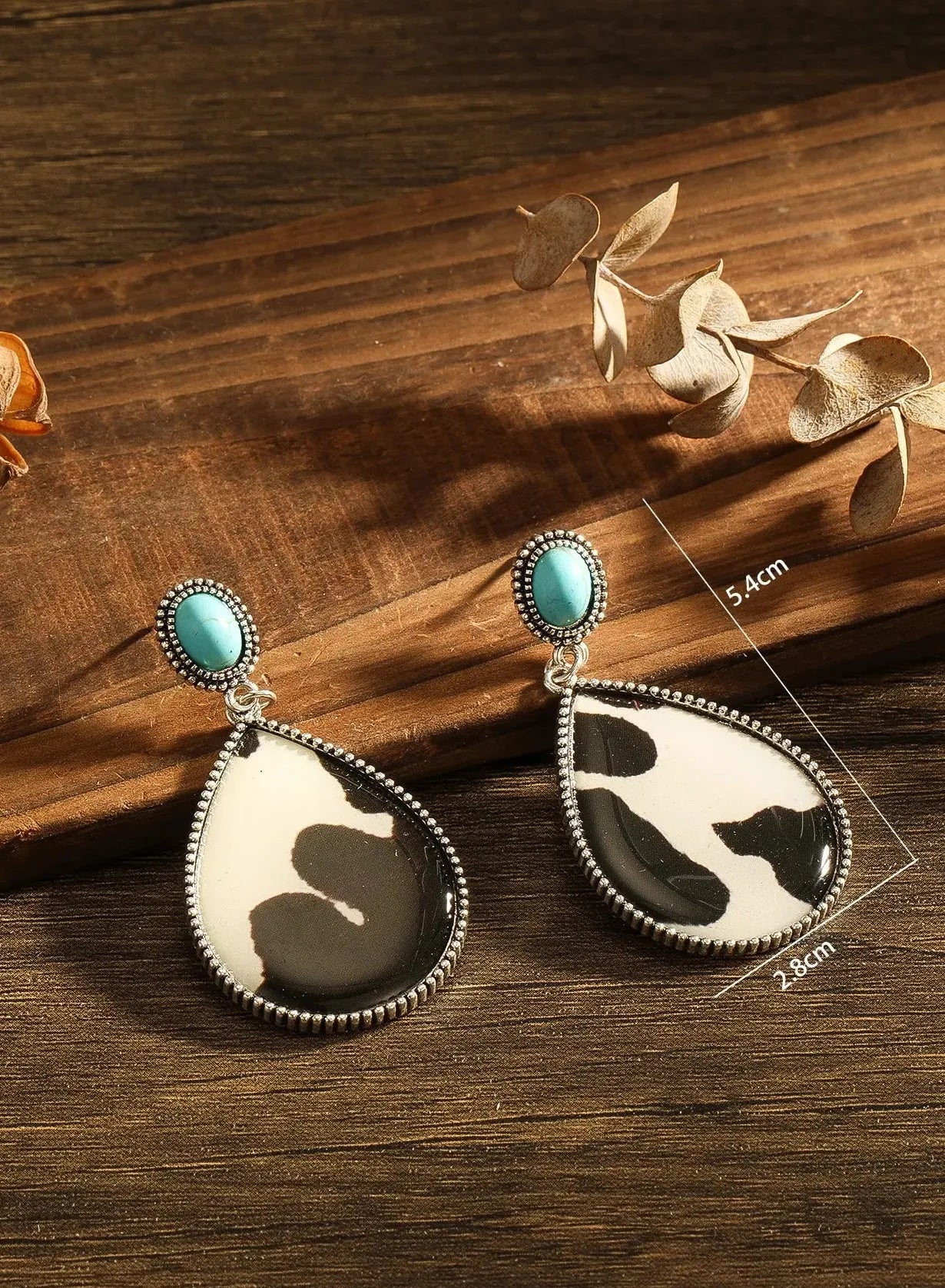Vintage Oval Resin Cow Pattern Pendant Earrings Turquoise Women's Jewelry