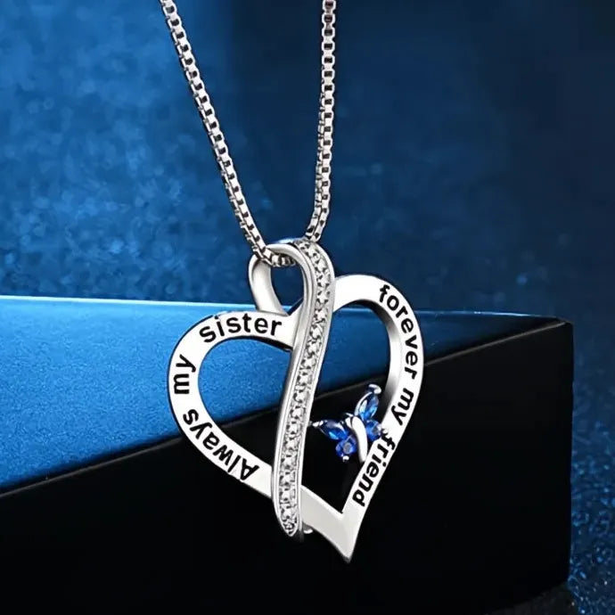 Blue Butterfly Heart Pendant Necklace with CZ Copper Alloy Jewelry Gift