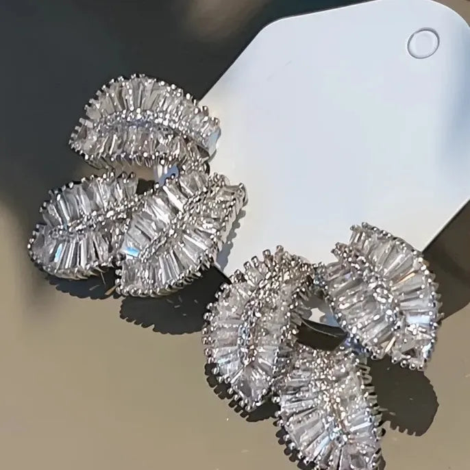 Silver Leaf Geometric Drop Earrings with Cubic Zirconia for Women Copper Alloy