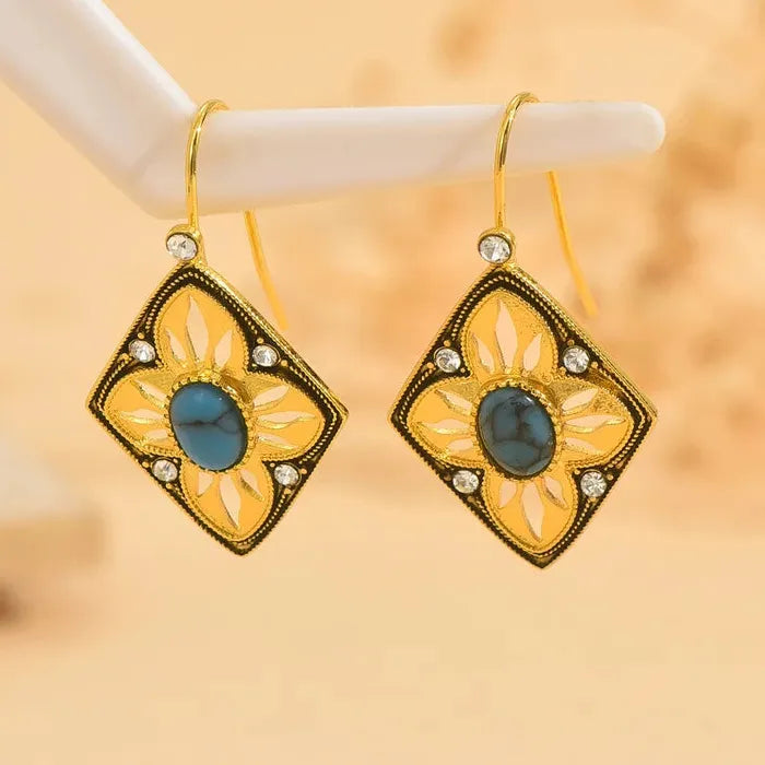 Vintage Ethnic Diamond Hollow Sunflower Drop Earrings with Synthetic Turquoise for Women