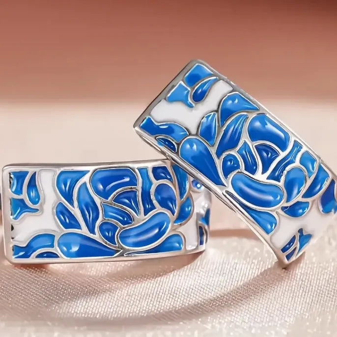Geometric Hoop Earrings for Women with Blue Flower Design Elegant Jewelry