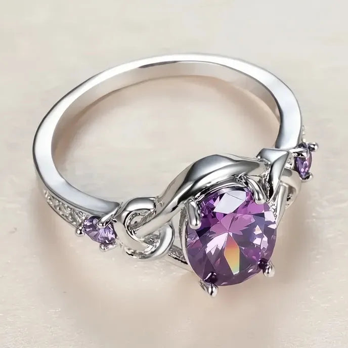 Oval Purple Cubic Zirconia Brass Women’s Wedding Anniversary Ring Geometric Fashion Jewelry