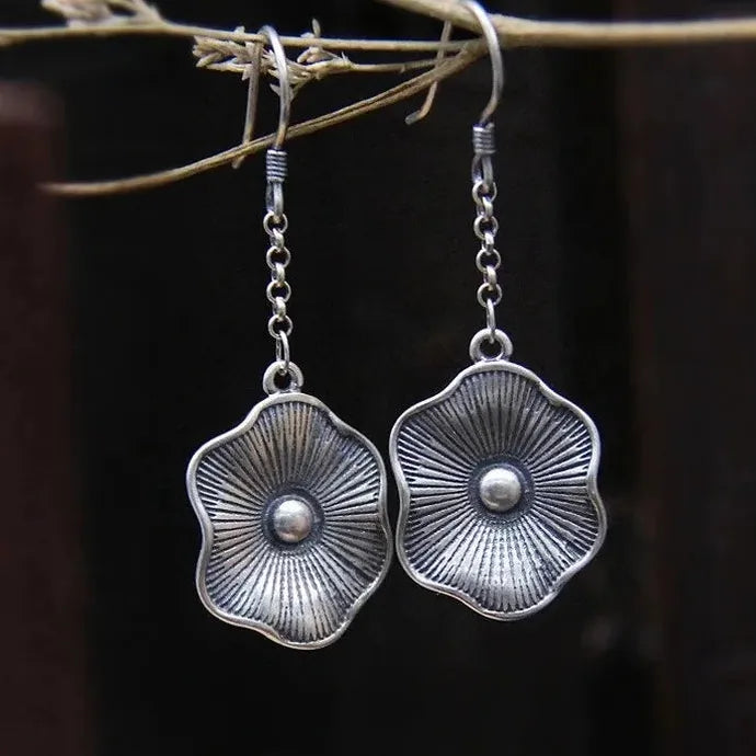 Vintage Silver Flower Earrings Ethnic Metal Round Carving Inlaid Zircon Long Studs
