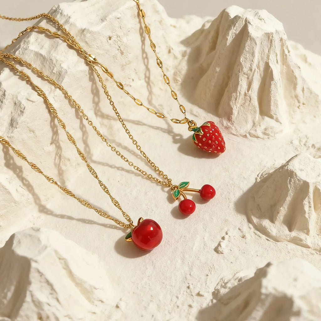 18k Gold Plated Stainless Steel Fruit Pendant Necklace Red Pepper Cherry Choker Necklace