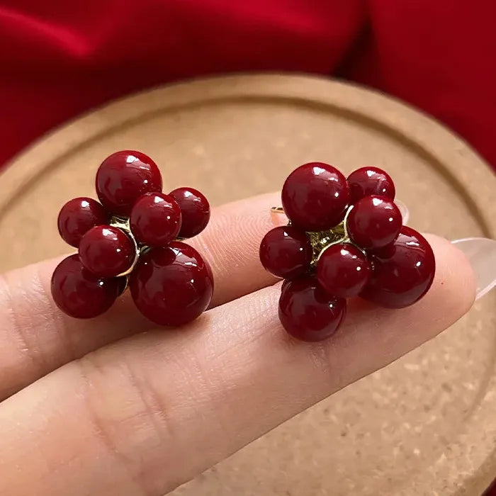 Red Beads Geometric Flower Stud Earrings Zinc Alloy Gift for Women Girls