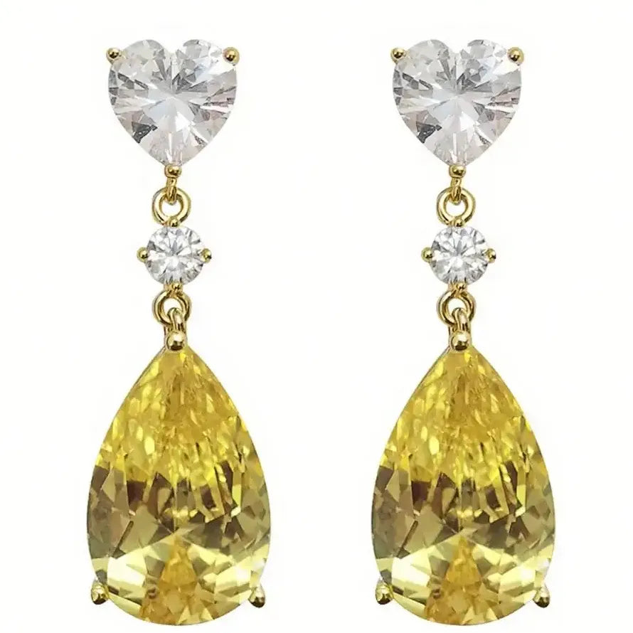 Yellow Cubic Zirconia Water Drop Pendant Earrings for Women Wedding Jewelry Copper