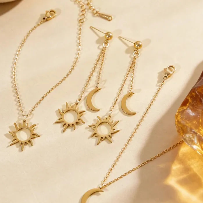 Stainless Steel Sun Moon Earrings & Adjustable Bracelet Women Retro Jewelry Gift