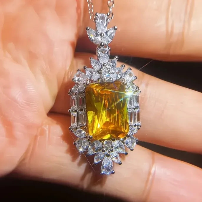 Yellow Cubic Zirconia Pendant Necklace for Women Wedding Anniversary Gift