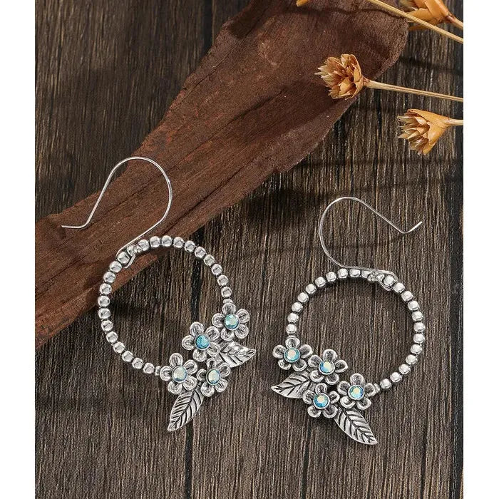 Vintage Zinc Alloy Carved Flower Drop Earrings with Colorful Gemstone Pendants for Women
