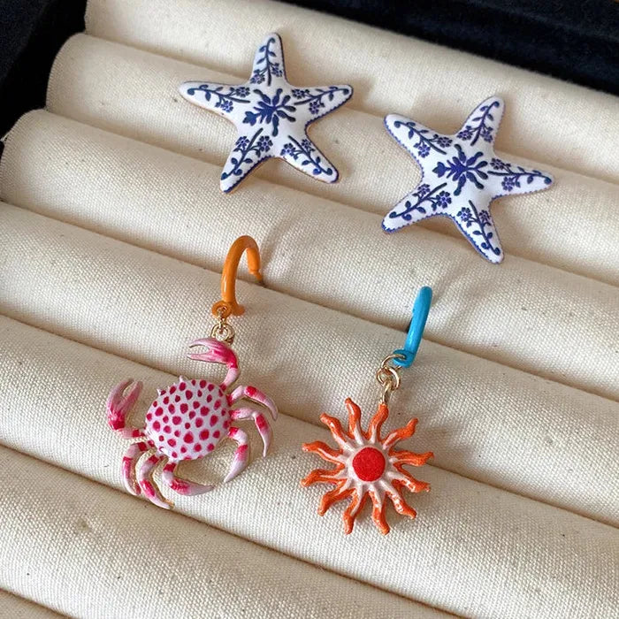 Crab Sunflower Zinc Alloy Drop Earrings for Women Summer Beach Gift