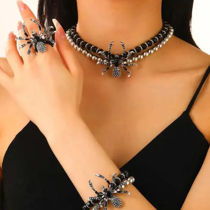 Punk Gothic Black Crystal Spider Necklace & Bracelet Set for Men Women