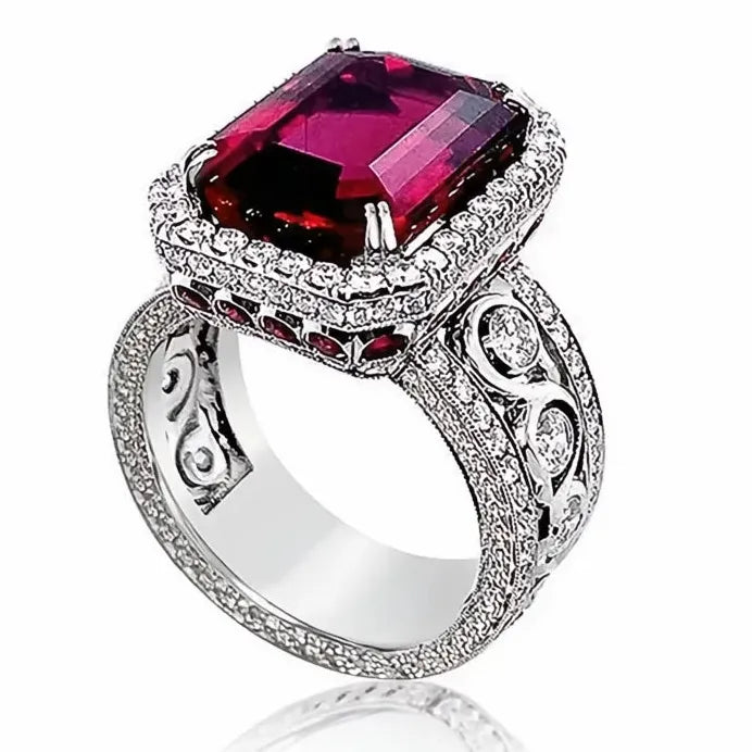 Luxury Red Cubic Zirconia Cocktail Ring for Women Bridal Statement Jewelry