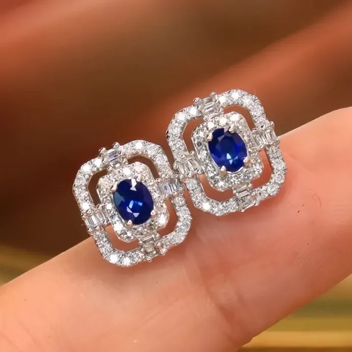 Geometric Blue Cubic Zirconia Stud Earrings for Women Modern Elegance