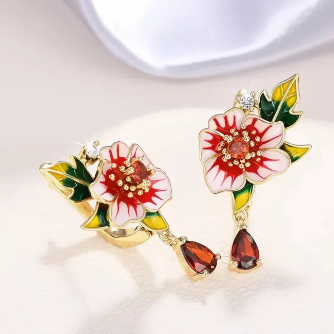 Red Flower Green Leaf Enamel Copper Alloy Drop Earrings with Cubic Zirconia for Women Wedding Party Jewelry