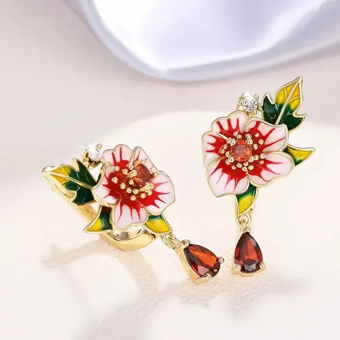 Red Flower and Green Leaf Brass Earrings for Women Enamel Jewelry