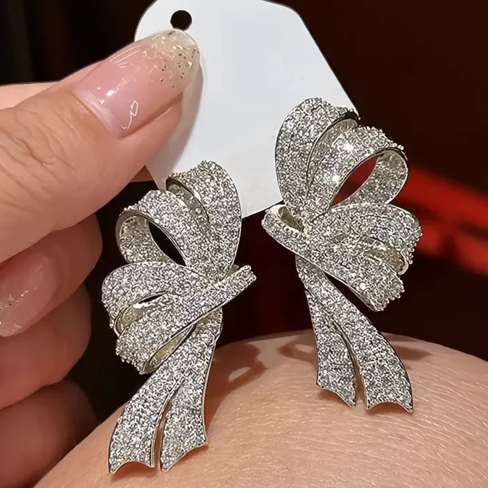 Trendy Bow Drop Earrings Silver Gold CZ Ribbon Jewelry for Women