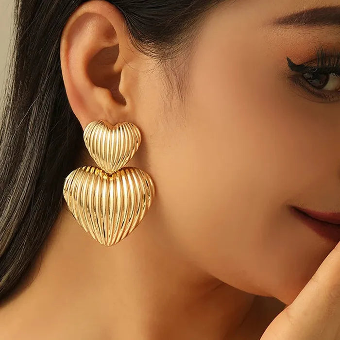 Striped Heart Drop Earrings for Women Gold Zinc Alloy Retro Ball