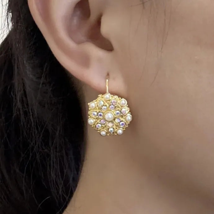 Vintage Rhinestone Pearl Drop Round Flower Earrings Women Bohemian Jewelry Gifts