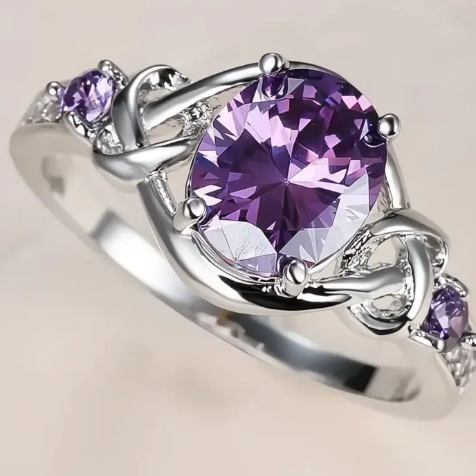 Oval Purple Cubic Zirconia Brass Women’s Wedding Anniversary Ring Geometric Fashion Jewelry