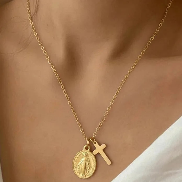 Stainless Steel Cross Pendant Necklace Retro Virgin Mary Collarbone Gift
