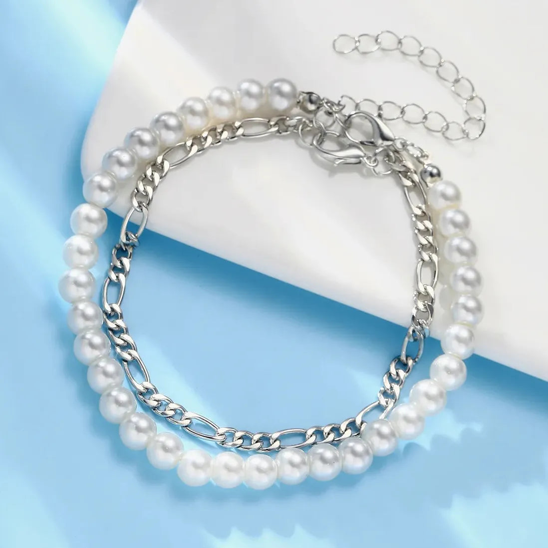 Handmade Classic Figaro Imitation Pearl Chain Bracelet for Women Jewelry Gift