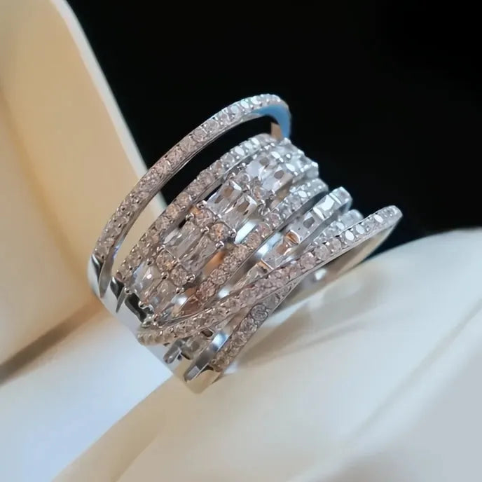 Fashion Multilayered Wide Geometric Cubic Zirconia Ring Brass Wedding Party Jewelry for Women