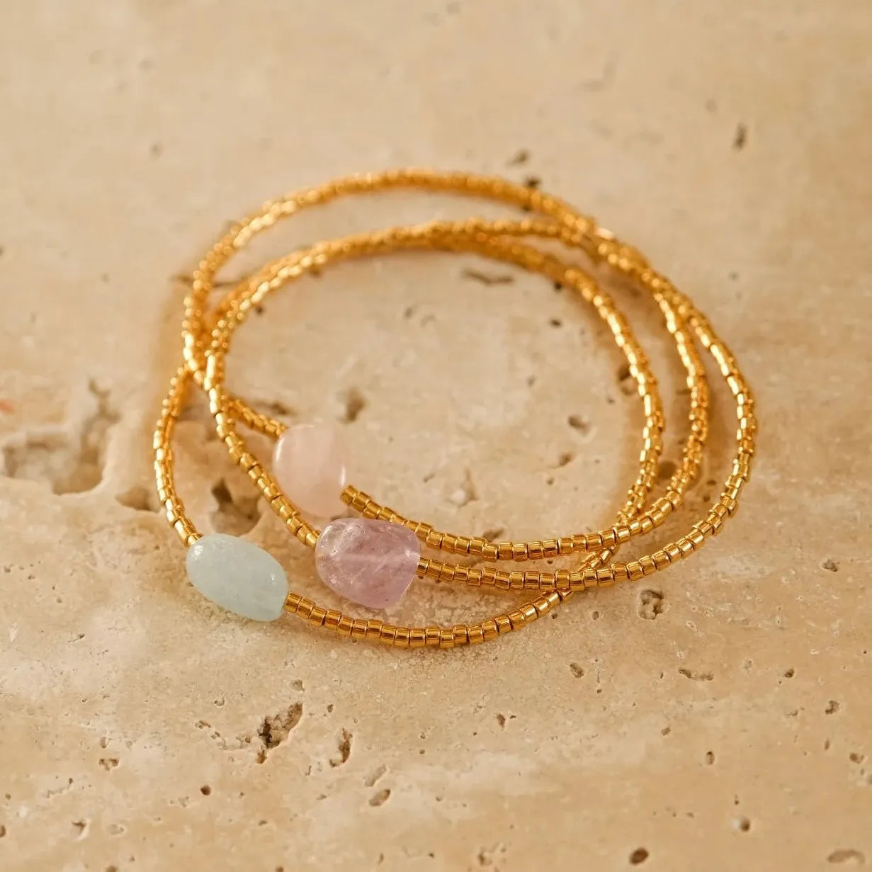 Natural Stone Amethyst Bead Bracelet 18K Gold Plated Geometric Charm Jewelry Gift Waterproof