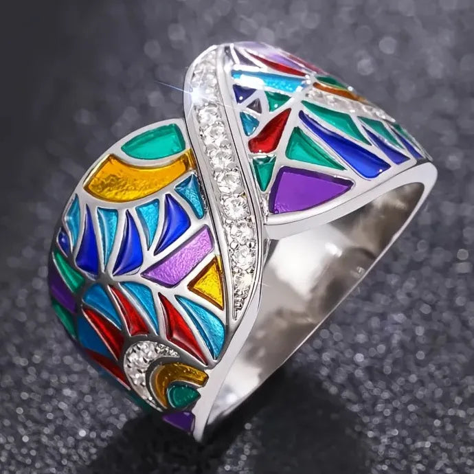 Colorful Women’s Geometric Brass Ring with Shining Cubic Zirconia Jewelry