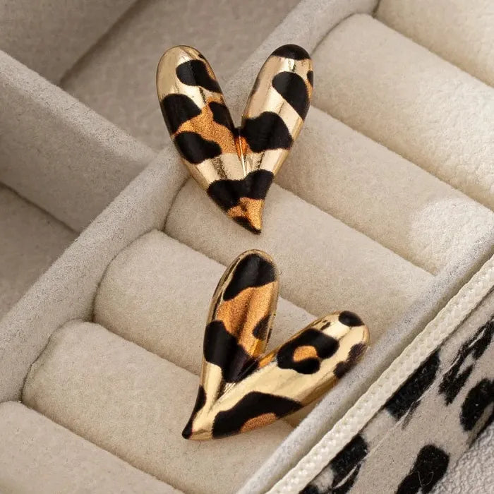 Heart Shape Leopard Print Stud Earrings Metal Fashion Jewelry Gift