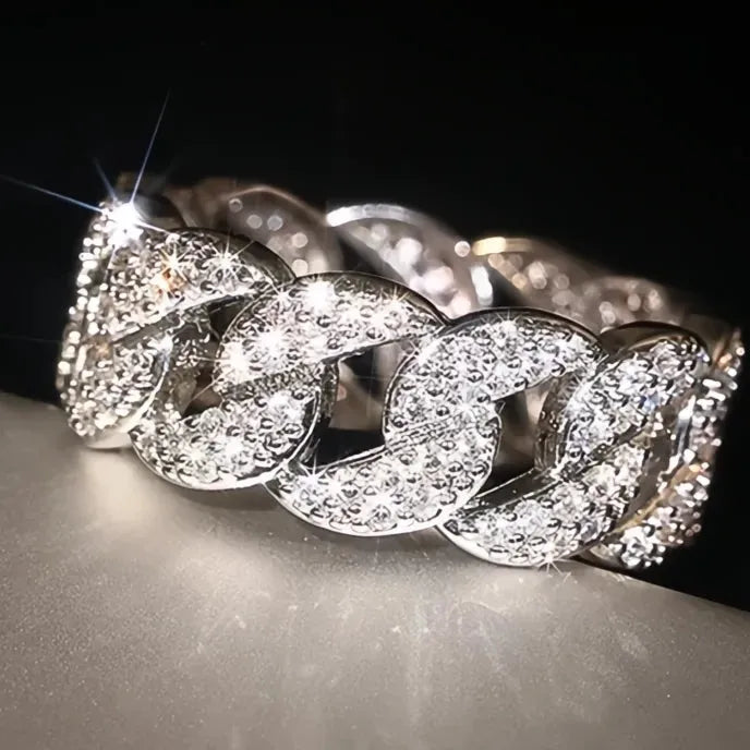 Luxury Brass Chain Link Ring for Women Cubic Zirconia Wedding Engagement Jewelry