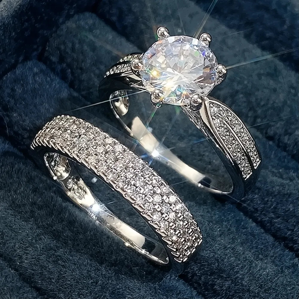 2 Pcs Shiny Square Stack Rings Set with Round Sparkly Zirconia Inlaid Metal Bridal Jewelry for Women