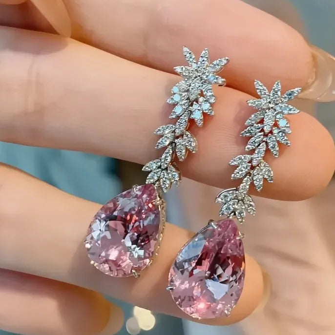 Elegant Women Geometric Drop Earrings Copper Alloy Pink Pear Cubic Zirconia