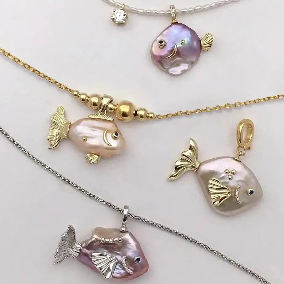 Geometric Irregular Freshwater Pearl Necklace Pink Fish Crab Pendant Choker Jewelry