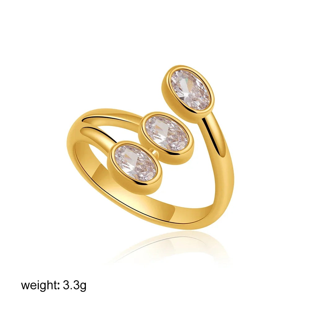 18K Gold Plated Three Layer Metal Zircon Wedding Ring for Women Oval Crystal