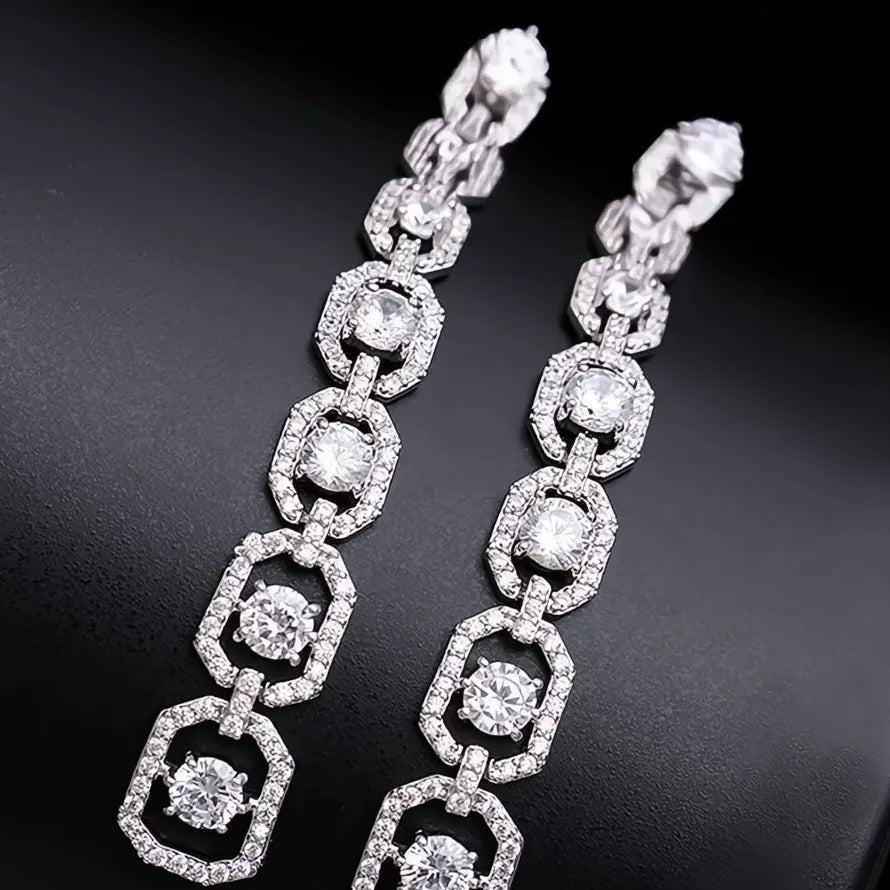 Silver Color Long Geometric Drop Earrings Copper Alloy CZ Wedding Fashion 2022