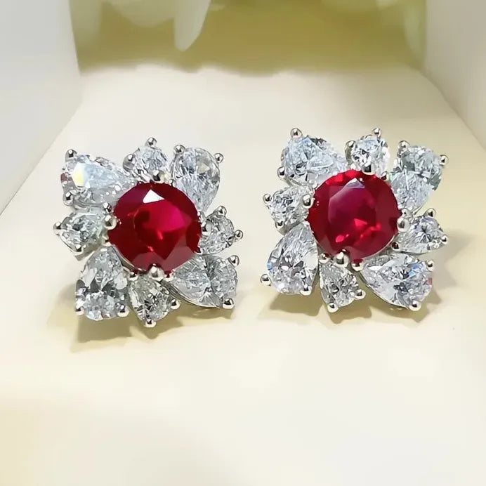 Elegant Geometric Red CZ Stud Earrings for Women Wedding Jewelry Gift