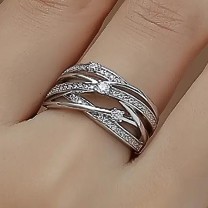 Geometric Multi-layer Brass Ring with Bright CZ for Women Wedding Party
