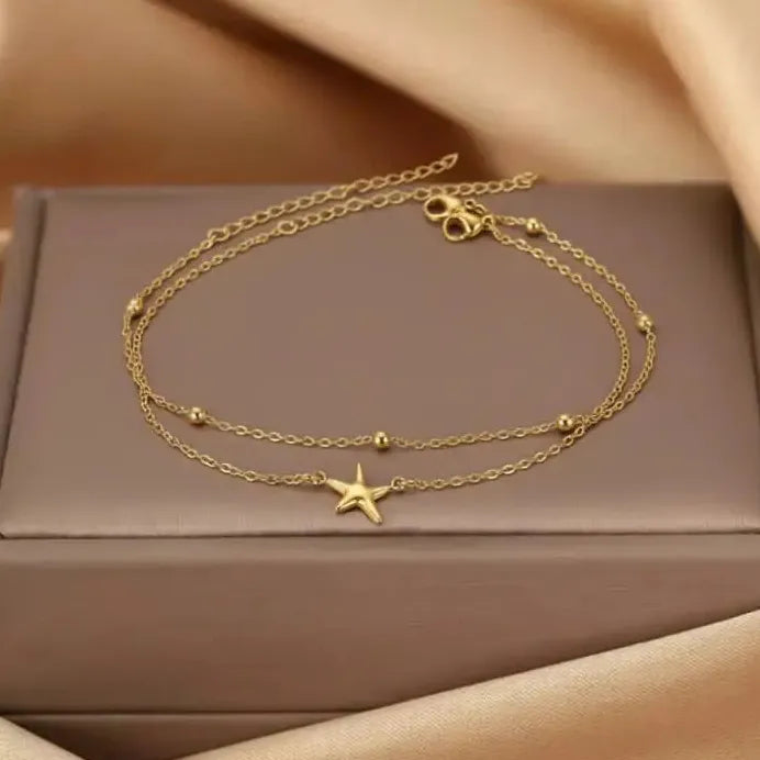 2Pcs Stainless Steel Star Double-Layer Waterproof Anklets for Women