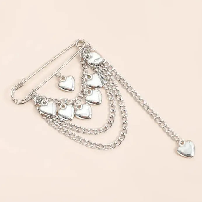 Heart-Shaped Multi-Layer Beaded Tassel Brooch with Imitation Pearls