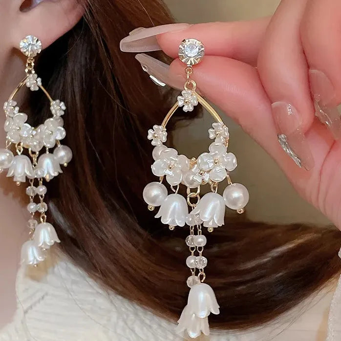 Inlaid Rhinestone Pearl Lily of the Valley Drop Earrings for Women Gift Jewelry