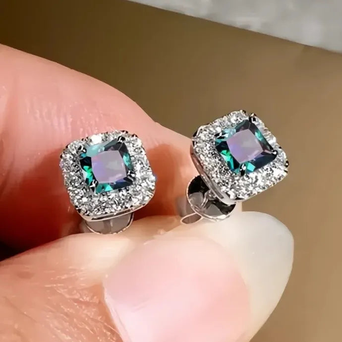 Green CZ Square Stud Earrings Gold Color Brass Luxury Wedding Jewelry